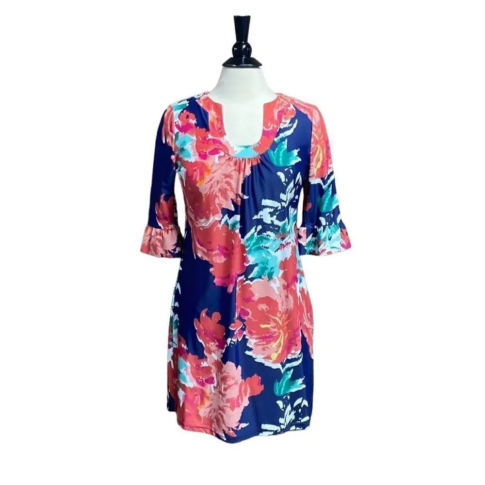 Aryeh Navy Multi Color Ruffle Sleeve Dress Size Small NEW